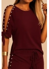 Kadın Kısa Kollu Bisiklet Yaka Yarı Açık Omuz Inci Detaylı Short T-shirt Viskon Ikili Takım