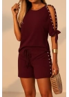 Kadın Kısa Kollu Bisiklet Yaka Yarı Açık Omuz Inci Detaylı Short T-shirt Viskon Ikili Takım