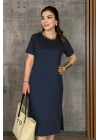 Kadın Kısa Kollu Bisiklet Yaka Yırtmaçlı Viskon Iki Iplik Elbise