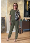 Kadın Kısa Kollu Bisiklet Yaka Zebra Desen Bluz Ve Pantolon Ikili Takım