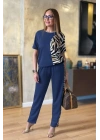 Kadın Kısa Kollu Bisiklet Yaka Zebra Desen Bluz Ve Pantolon Ikili Takım