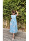 Kadın Kısa Kollu çiçek Baskı Midi Boy Süprem Elbise