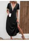 Kadın Kısa Kollu Dantel V Yakalı Uzun Viskon Elbise