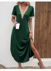 Kadın Kısa Kollu Dantel V Yakalı Uzun Viskon Elbise