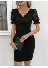 Kadın Kısa Kollu Dantelli V Yakalı Yanlardan Büzgülü çapraz Detaylı Ithal Krep Elbise