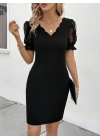 Kadın Kısa Kollu Dantelli V Yakalı Yanlardan Büzgülü çapraz Detaylı Ithal Krep Elbise