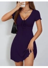 Kadın Kısa Kollu Derin Büzgülü V Yakalı Viskon Elbise
