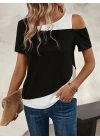 Kadın Kısa Kollu Geometrik Kesin Detaylı çift Renkli Viskon Bluz