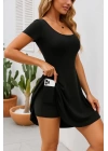 Kadın Kısa Kollu Kare Yaka Short Detaylı Cepli Dalgıç Elbise