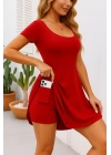 Kadın Kısa Kollu Kare Yaka Short Detaylı Cepli Dalgıç Elbise