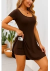 Kadın Kısa Kollu Kare Yaka Short Detaylı Cepli Dalgıç Elbise