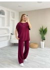 Kadın Kısa Kollu Kayık Yakalı Dikiş Izi Detaylı Viskon Iki Iplik Bluz Ve Pantolon Ikili Takım