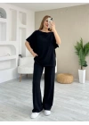 Kadın Kısa Kollu Kayık Yakalı Dikiş Izi Detaylı Viskon Iki Iplik Bluz Ve Pantolon Ikili Takım