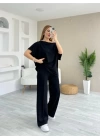 Kadın Kısa Kollu Kayık Yakalı Dikiş Izi Detaylı Viskon Iki Iplik Bluz Ve Pantolon Ikili Takım