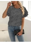 Kadın Kısa Kollu Kolları Volanlı Baskılı Süprem Bluz