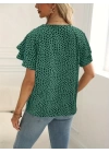 Kadın Kısa Kollu Kolları Volanlı Baskılı Süprem Bluz