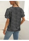 Kadın Kısa Kollu Kolları Volanlı Baskılı Süprem Bluz