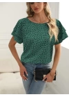 Kadın Kısa Kollu Kolları Volanlı Baskılı Süprem Bluz