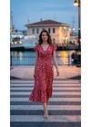 Kadın Kısa Kollu Kruvaze Yaka Beli Lastikli çiçek Desenli Elbise