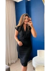 Kadın Kısa Kollu Kruvaze Yaka Krep Elbise (Kemersiz)