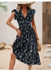 Kadın Kısa Kollu Kruvaze Yakalı Beli Lastikli çiçek Desenli Elbise