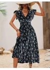 Kadın Kısa Kollu Kruvaze Yakalı Beli Lastikli çiçek Desenli Elbise