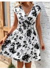 Kadın Kısa Kollu Kruvaze Yakalı çiçekli Desenli Süprem Elbise