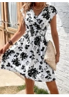 Kadın Kısa Kollu Kruvaze Yakalı çiçekli Desenli Süprem Elbise