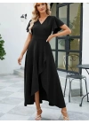 Kadın Kısa Kollu Kruvaze Yakalı önden Volanlı çapraz Kesim Detaylı Maksi Boy Ithal Krep Elbise