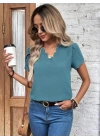Kadın Kısa Kollu Lazer V Yakalı Ithal Krep Bluz