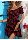 Kadın Kısa Kollu Madonna Yaka Beli Lastikli çiçek Desenli Kısa Süprem Elbise