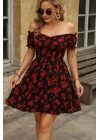 Kadın Kısa Kollu Madonna Yaka Beli Lastikli çiçek Desenli Kısa Süprem Elbise