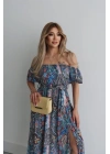 Kadın Kısa Kollu Madonna Yaka Fırfırlı Belden Yırtmaçlı Maksi Süprem Elbise