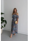 Kadın Kısa Kollu Madonna Yaka Fırfırlı Belden Yırtmaçlı Maksi Süprem Elbise
