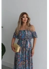 Kadın Kısa Kollu Madonna Yaka Fırfırlı Belden Yırtmaçlı Maksi Süprem Elbise