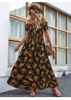 Kadın Kısa Kollu Madonna Yaka Yırtmaçlı çiçek Desenli Süprem Elbise