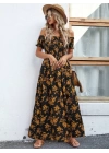 Kadın Kısa Kollu Madonna Yaka Yırtmaçlı çiçek Desenli Süprem Elbise