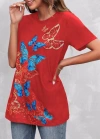 Kadın Kısa Kollu Mavi Sarı Kelebek Baskı Süprem Bluz