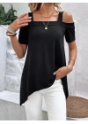 Kadın Kısa Kollu Omuzlardan Açık Askılı Asimetrik Kesim Viskon Bluz