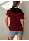 Kadın Kısa Kollu Omuzlardan Açık Detaylı çift Renkli Viskon Bluz