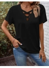 Kadın Kısa Kollu önden çapraz Detay V Yakalı Viskon Bluz