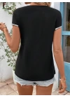 Kadın Kısa Kollu önden Fermuarlı Kol Ucu ışıltılı Viskon Bluz