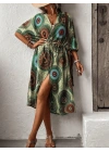 Kadın Kısa Kollu önü Açık Belden Kuşaklı Uzun Kimono