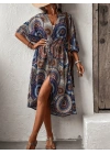 Kadın Kısa Kollu önü Açık Belden Kuşaklı Uzun Kimono