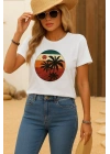 Kadın Kısa Kollu Palmiye Baskılı Viskon T-shirt