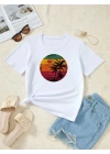 Kadın Kısa Kollu Palmiye Baskılı Viskon T-shirt