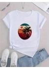 Kadın Kısa Kollu Palmiye Baskılı Viskon T-shirt