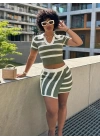 Kadın Kısa Kollu Polo Yaka Crop Asimetrik Mini Triko Etek Ikili Takım