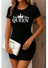 Kadın Kısa Kollu Queen Baskı Iki Iplik Mini Elbise