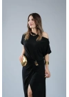 Kadın Kısa Kollu Tek Omuzdan Açık Beli Lastikli Sandy Maxi Elbise